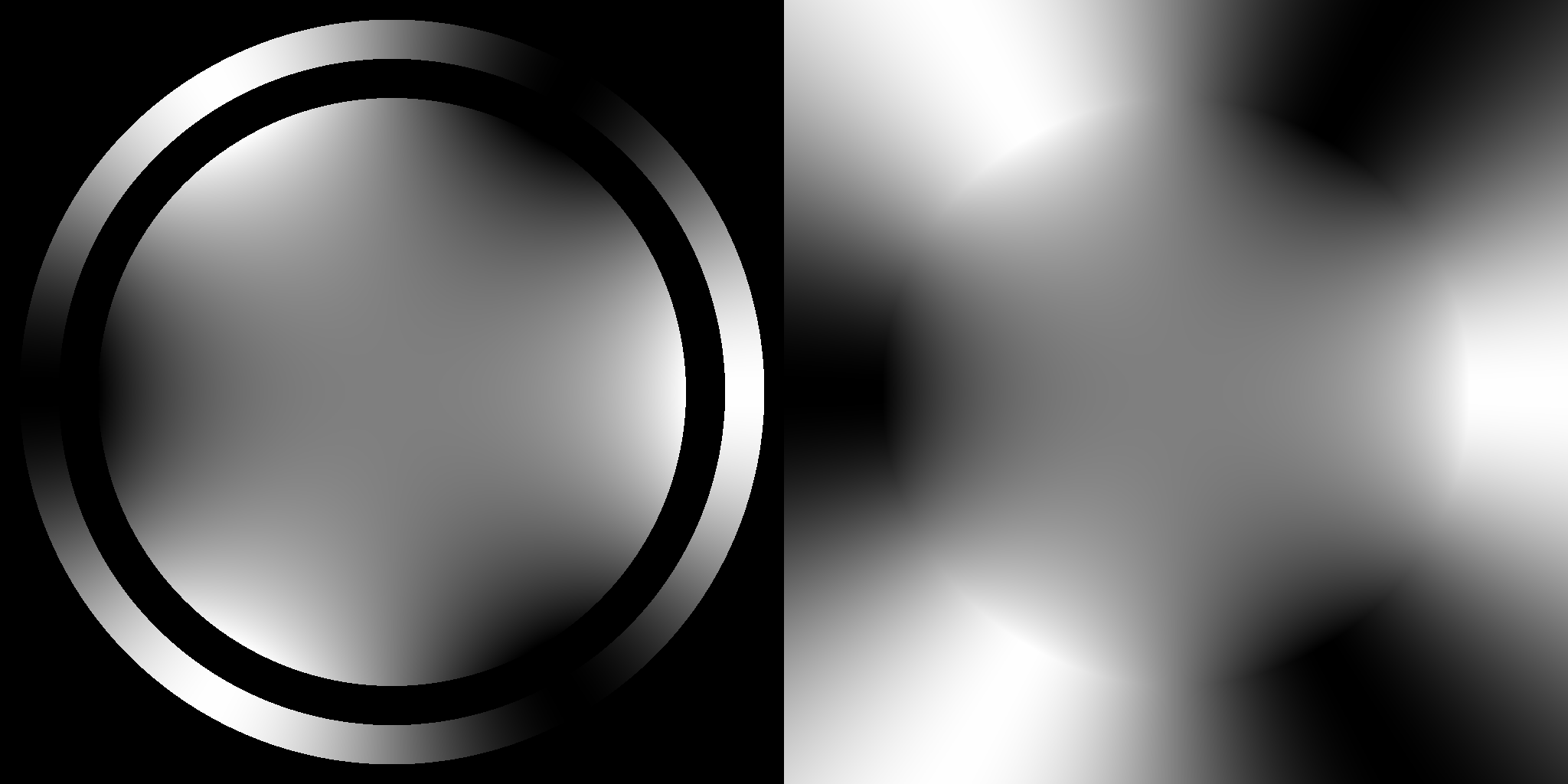 On the left, in the circle, (boundary) values extracted from the original image; in the disk, the solution (re^{i\theta} \mapsto r^3 \cos 3\theta) to the corresponding Dirichlet problem. On the right, the original image edited with this solution.